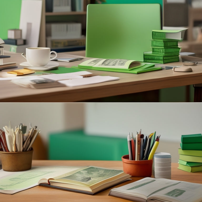 A split-screen image: a tidy desk with a open book and highlighted notes on the left, and a mixed pile of thumbs up and thumbs down symbols on the right, with a subtle background gradient of money-green and neutral beige.