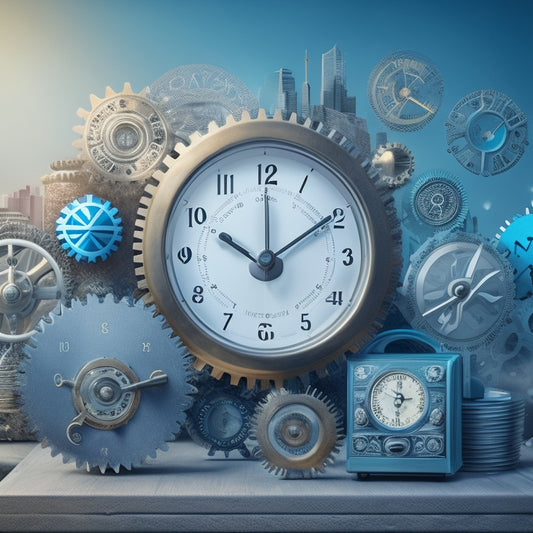 An illustration of a clock with gears and cogs in the background, surrounded by digital product icons (e.g. ebooks, software, and digital keys) flowing seamlessly through it, with a subtle ecommerce website UI in the top-right corner.