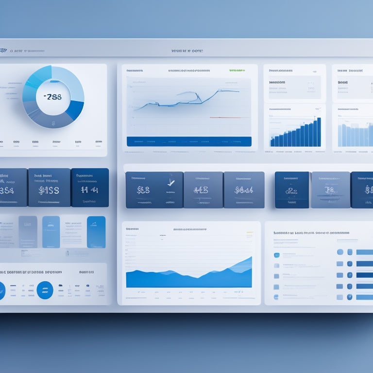 A modern, minimalist dashboard with sleek lines and a calming blue-gray color scheme, featuring a grid of product cards with icons, charts, and metrics, surrounded by subtle grid lines and faint shadows.
