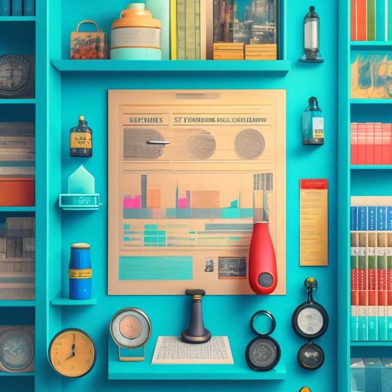 A stylized illustration of a retail store shelf with various product SKUs, surrounded by magnifying glasses, clipboards, and pens, amidst a subtle background of charts and graphs, conveying analysis and scrutiny.