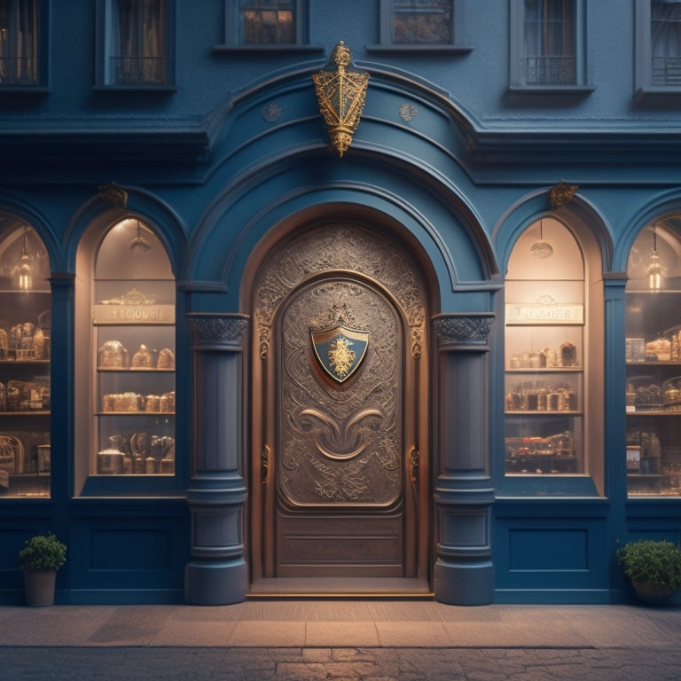 An illustration of a merchant's storefront with a shield emblem above the entrance, surrounded by a subtle glowing aura, with a faint cityscape in the background, symbolizing protection and security.