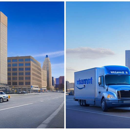 A split-screen image featuring a Walmart storefront on the left, with a sleek, silver delivery van parked in front, and an Amazon Prime truck on the right, with a subtle, blurred cityscape in the background.