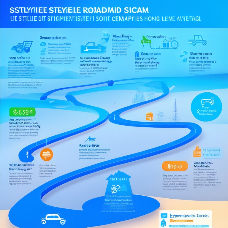 A stylized ecommerce roadmap infographic featuring a winding road with milestones, surrounded by ecommerce icons like shopping carts, mobile devices, and analytics graphs, set against a bright blue background.