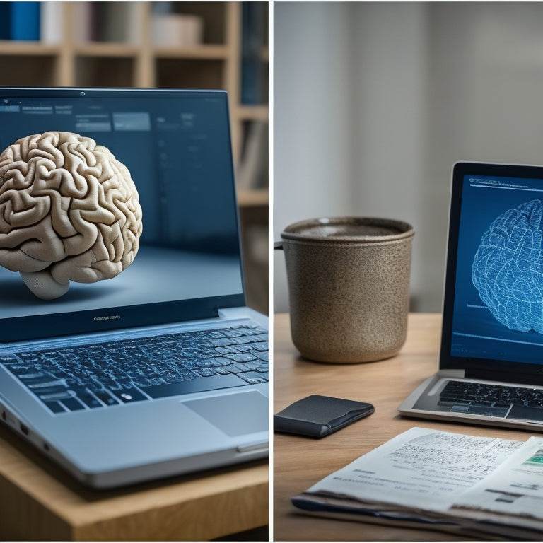 A split-screen image featuring a brain with a price tag attached to it on one side, and a laptop with a online course platform on the screen on the other side, surrounded by money and certificates.