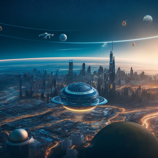 A futuristic illustration of a spaceship landing on a digital planet, with glowing circuits and wires connecting to a central hub, surrounded by orbiting satellites and a subtle cityscape in the background.