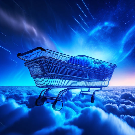 A futuristic shopping cart icon with glowing blue circuits and wires visible beneath its sleek surface, surrounded by swirling clouds of data and 3D product models orbiting around it.