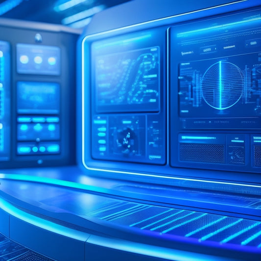 A stylized, futuristic dashboard with glowing blue circuits, featuring 3D product models and intricate network connections, surrounded by minimalist, modernist architectural elements.