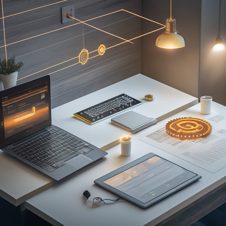 An illustration of a digital product delivery process, featuring a minimalist background with a few sleek, modern devices (laptop, tablet, smartphone) surrounded by simplified, interconnected gears and arrows, with a few subtle, glowing lines.