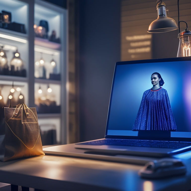 A stylized illustration of a person standing in front of a giant laptop screen displaying an ecommerce website, with three glowing lightbulbs surrounding their head, amidst a backdrop of rising sales graphs and shopping bags.