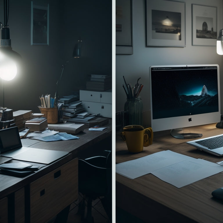 A split-screen image: a cluttered, dimly lit desk with scattered papers and broken gadgets on one side, and a sleek, modern workspace with a laptop, organized notes, and a minimalist background on the other.