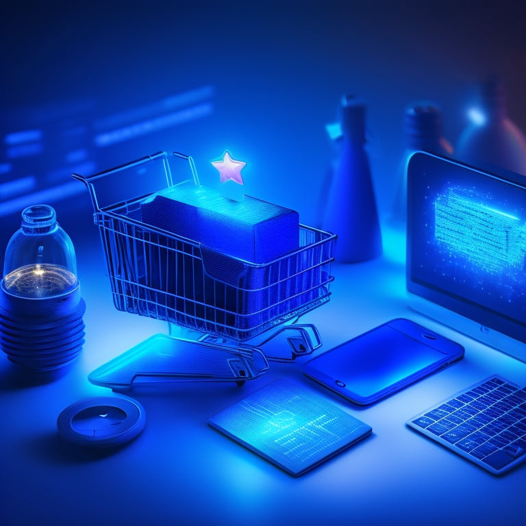 A stylized illustration of a laptop and smartphone surrounded by various ecommerce icons (shopping carts, sales graphs, etc.) connected by sparks and lightbulbs, set against a dark blue gradient background.