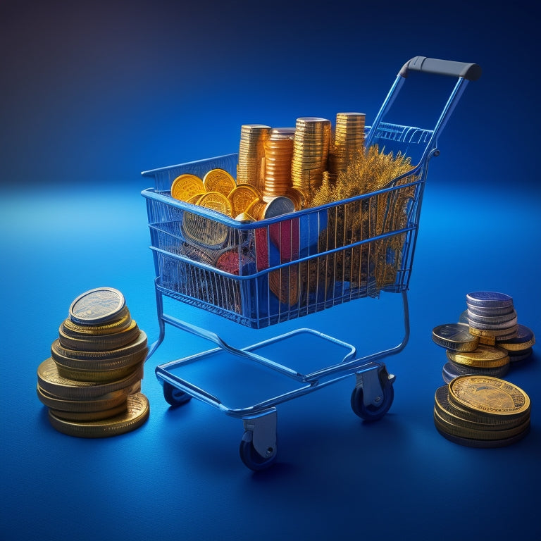A stylized illustration of a rising graph, with a shopping cart at the base and coins overflowing from it, set against a blue background with subtle digital circuitry patterns.