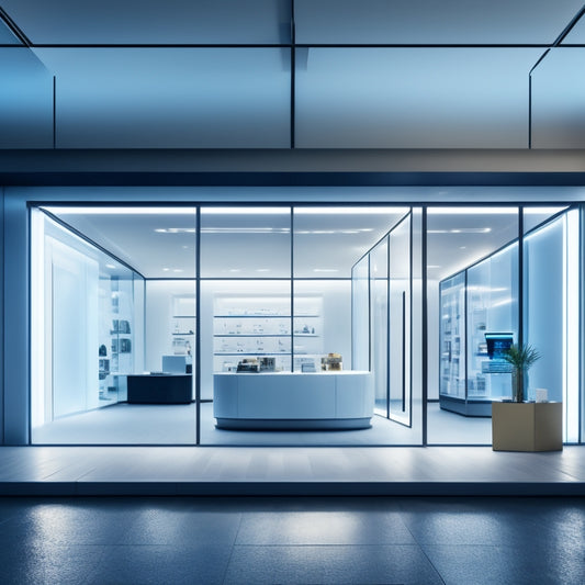 A futuristic e-commerce storefront with sleek, modern architecture, surrounded by trendy shopping bags and laptops, with a subtle glow of coding symbols in the background, symbolizing innovation and renovation.