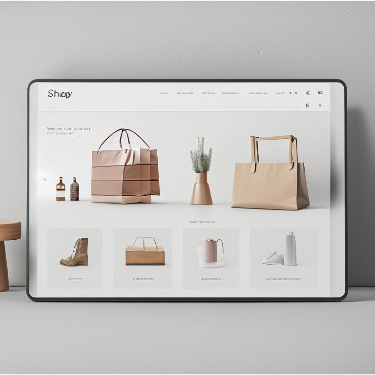 A minimalist illustration of a Shopify storefront with various page templates displayed on digital screens and tablets, surrounded by rising arrows and subtle shopping bag icons.