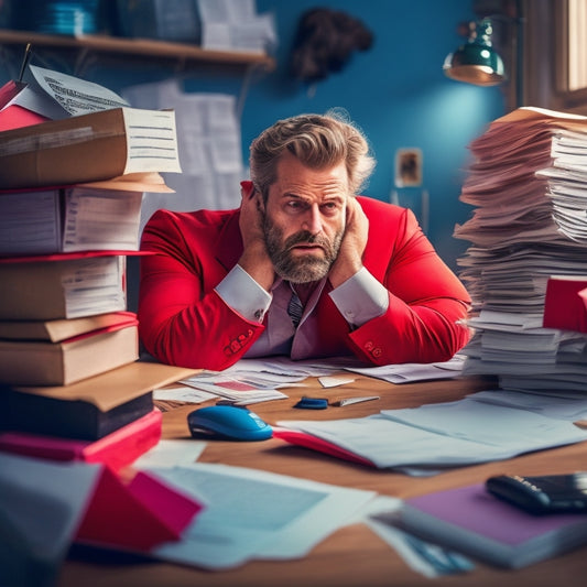 A frazzled e-commerce merchant sitting at a cluttered desk, surrounded by stacks of papers and invoices, with a red "chargeback" stamp looming large in the foreground, amidst a swirl of worried thoughts.