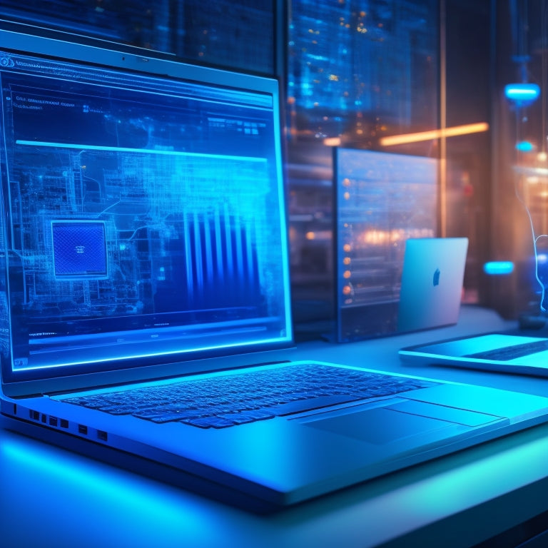 A futuristic laptop screen displaying a split-screen interface, with a virtual classroom on one side and an ecommerce platform on the other, connected by glowing blue circuits and wires.