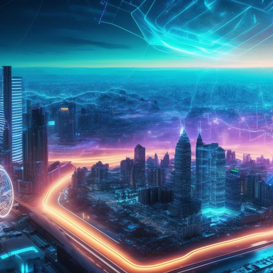 A futuristic e-commerce landscape with sleek, glowing product holograms floating above a cityscape, surrounded by swirling digital circuits and neon-lit connection lines.