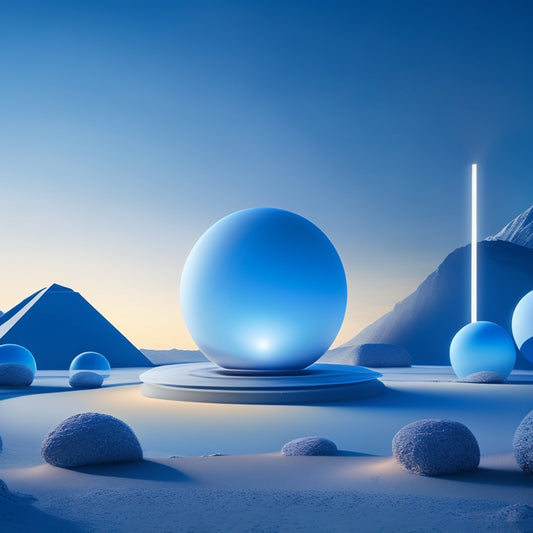 A futuristic, minimalist landscape featuring a stylized, glowing lightbulb surrounded by orbiting circles, with a subtle, gradient blue background and sleek, modern lines.