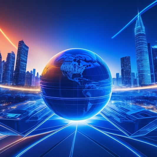 An illustration of a globe with glowing blue lines crisscrossing it, surrounded by swirling shopping bags, tablets, and smartphones, with a faint cityscape in the background, symbolizing online commerce.