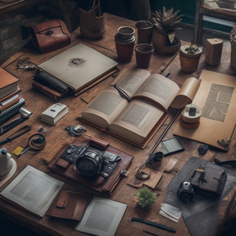 A person surrounded by scattered papers, laptops, and tools, with a single, neat, leather-bound book in the center, open to a page with detailed diagrams and illustrations.