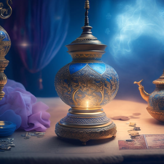 A mystical, ornate lamp with a glowing genie emerging, surrounded by swirling mist, amidst a backdrop of global maps, coins, and puzzle pieces, with subtle, shimmering lights and soft, dreamy colors.