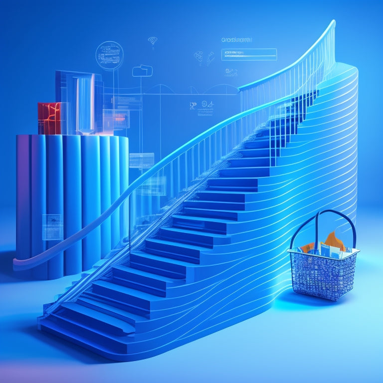 A stylized illustration of a winding staircase ascending to a glowing online storefront, surrounded by rising graphs, shopping bags, and laptops, set against a bright, gradient blue background.