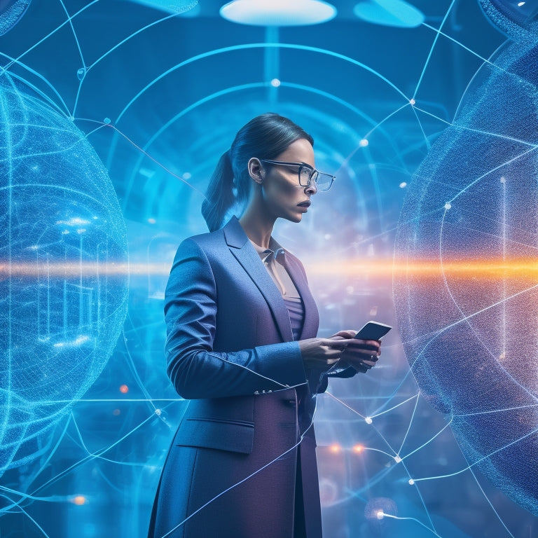 A futuristic illustration of a customer at the center, surrounded by glowing digital orbs representing downloads, with speedy arrows and wires connecting to various devices, set against a dark blue background with neon accents.