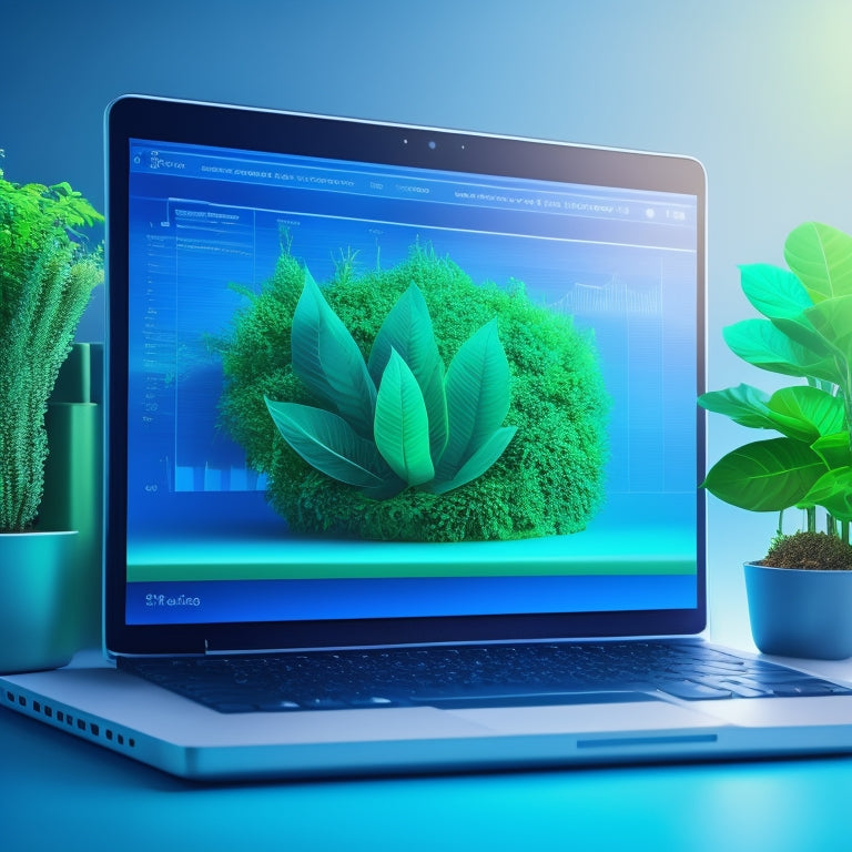 An illustration of a laptop with a growing plant emerging from the screen, surrounded by upward-trending graphs, gears, and cogs, set against a gradient background of blue and green hues.