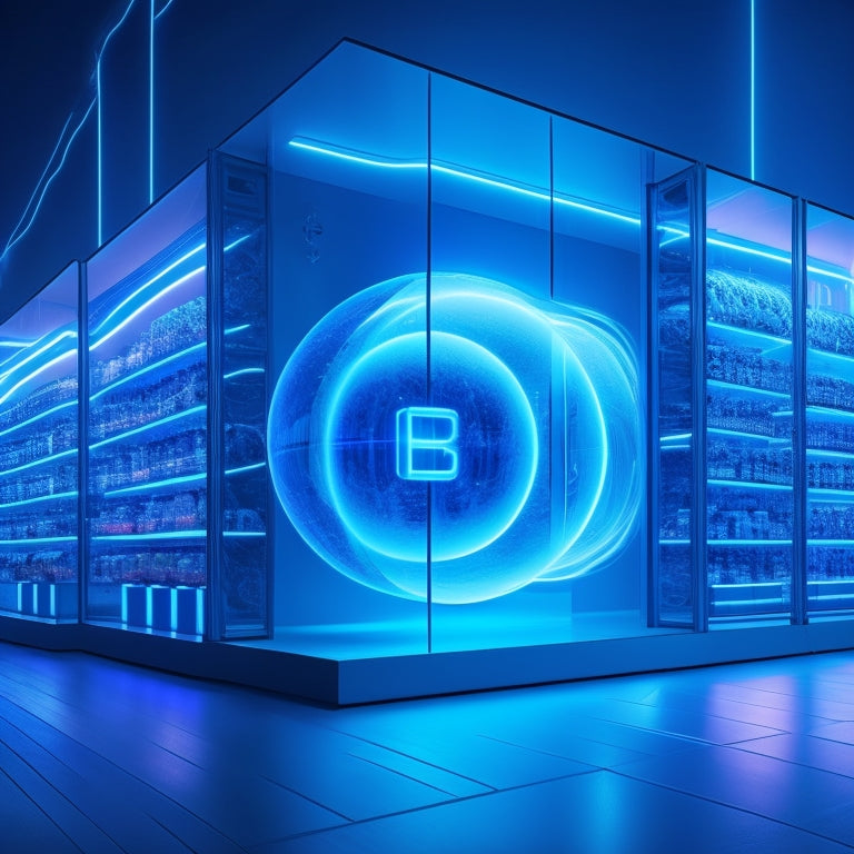 A futuristic, minimalist illustration depicting a stylized online storefront with glowing blue circuits and wires intertwined with shopping bags, surrounded by orbiting digital spheres and subtle LED lights.