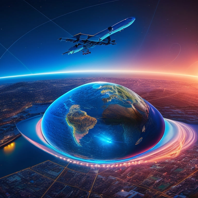 A globe with glowing, interconnected lines and nodes, surrounded by various international flags, with a subtle background of shipping containers and airplanes in motion.