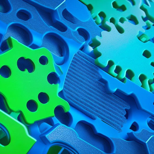 An abstract illustration featuring interconnected gears, cubes, and puzzle pieces in shades of blue and green, symbolizing seamless integrations and harmonious commerce solutions.