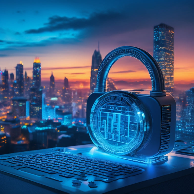 A stylized combination lock with glowing blue lights and a laptop screen reflected on its metallic surface, surrounded by scattered puzzle pieces and a subtle background of a cityscape at sunset.