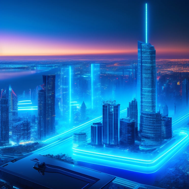 A futuristic, neon-lit cityscape with sleek skyscrapers and holographic advertisements, featuring a giant tablet or smartphone screen displaying a customizable, 3D digital product template with rotating, glowing blue wires.