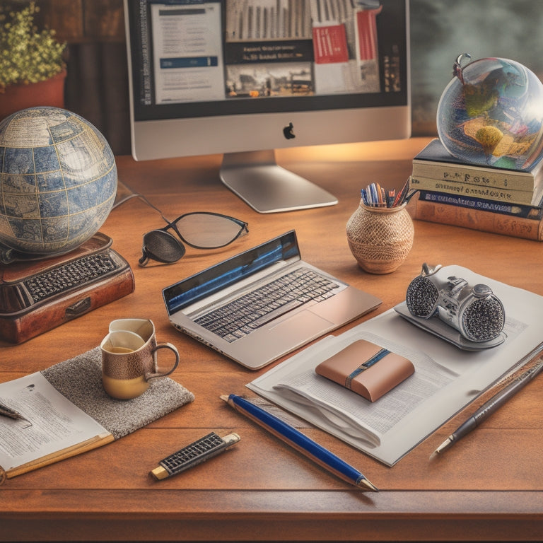 A stylized illustration of a merchant's desk, with a laptop open to a split-screen display of various online education platforms, surrounded by scattered notes, pens, and a miniature globe.