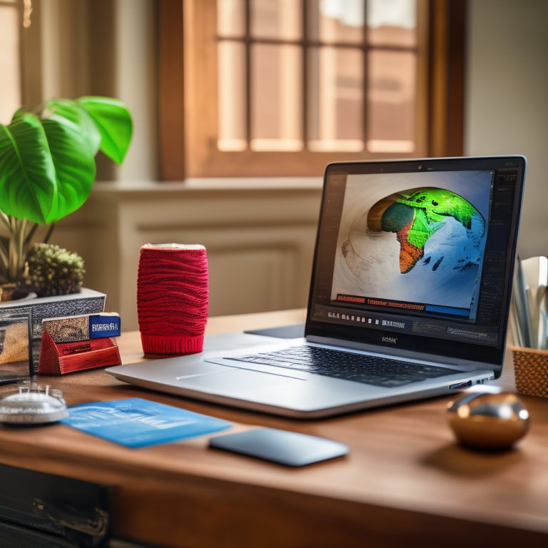An illustration of a laptop on a desk surrounded by ecommerce-themed objects like shopping bags, credit cards, and a miniature globe, with a subtle hint of a teacher's blackboard in the background.