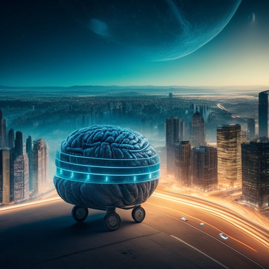 A futuristic e-commerce landscape with a cityscape in the background, featuring a large, glowing AI brain at the center, surrounded by swirling shopping carts, robotic arms, and orbiting product packages.