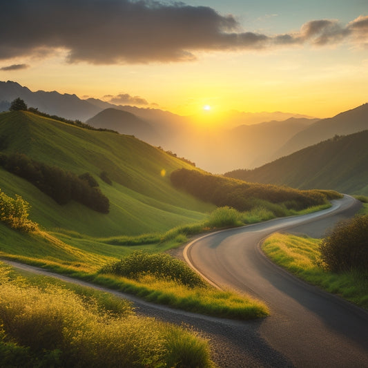 A serene landscape featuring a winding road leading to a mountain peak, with a subtle sunrise glow, surrounded by lush greenery and a few wispy clouds, symbolizing growth and progress.