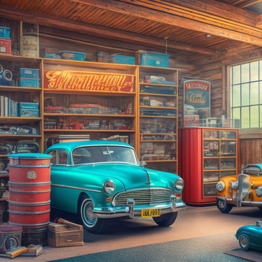 A vintage-style illustration of a retro garage, with a 1960s-era car on a lift, surrounded by shelves overflowing with old car manuals, tools, and nostalgic automotive memorabilia.