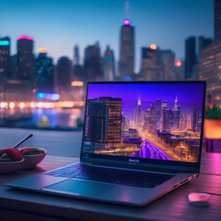 A laptop screen displaying a WooCommerce website with a modern, sleek design, surrounded by coding sheets, coffee cups, and a cityscape background with vibrant, neon lights.