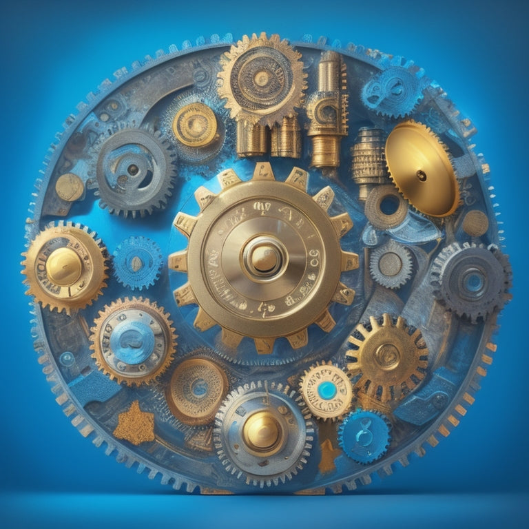 A stylized illustration of a clockwork gear system, with interconnected cogs and wheels, surrounded by digital payment symbols (e.g. credit cards, mobile devices) and subtle hints of money and commerce (e.g. coins, briefcases).