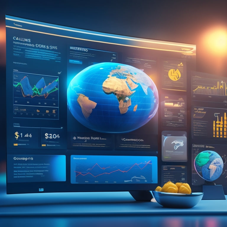 A stylized, futuristic e-commerce dashboard with rising graphs, flashing notification icons, and a 3D globe in the background, surrounded by various downloadable product icons and shopping bags.