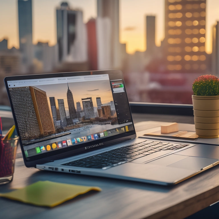 A bright, modern laptop on a sleek, wooden desk, surrounded by colorful, organized sticky notes and a few scattered, shiny gold coins, with a subtle, blurred cityscape background.