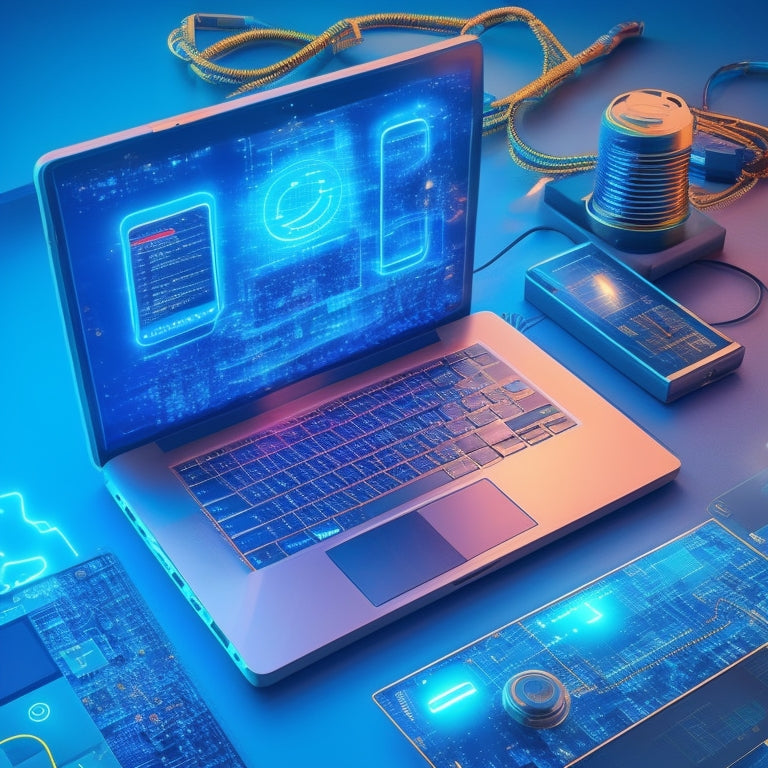 A stylized illustration of a laptop and smartphone surrounded by abstract digital elements, such as circuits, wires, and binary code, with various digital file formats (e.g. PDF, MP3, ZIP) orbiting around them.