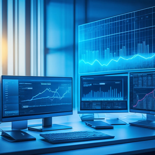 A futuristic, minimalist background with a large, stylized upward trending graph in shades of blue, surrounded by scattered laptops, tablets, and smartphones with screens displaying online course interfaces.