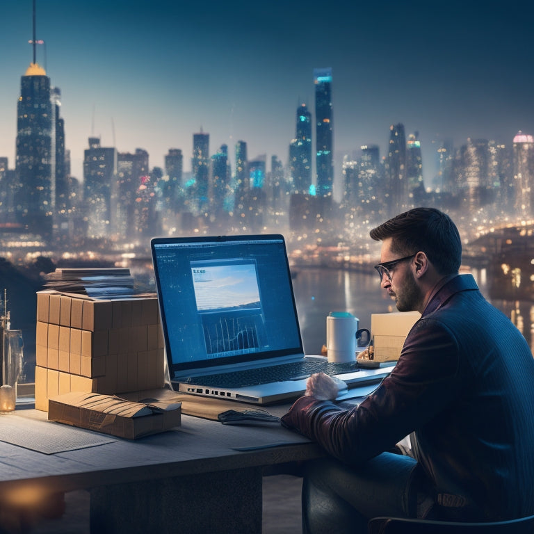 An illustration of a merchant sitting in front of a laptop, surrounded by boxes and shipping materials, with a cityscape in the background, highlighting a growing graph on the laptop screen.