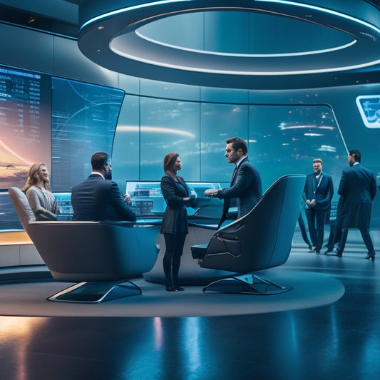 A futuristic, sleek lounge with a bold, curved LED screen displaying a pulsing graph of rising profits, surrounded by high-tech terminals and confident entrepreneurs in the foreground.