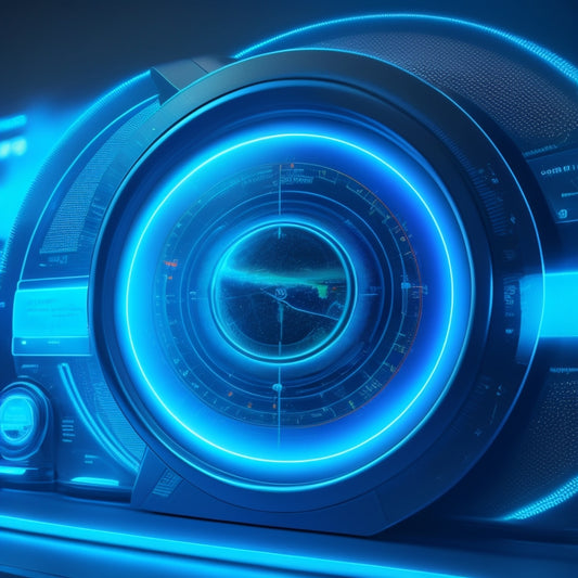 A futuristic dashboard with glowing blue lines and circular graphs, amidst a dark background, surrounded by tiny, orbiting payment cards and a subtle, shimmering aura.