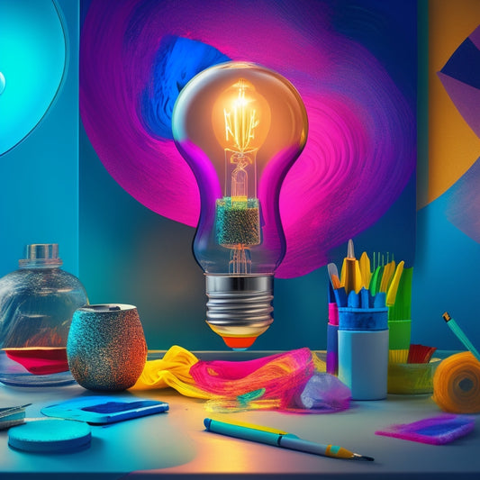 A vibrant, abstract illustration featuring swirling shapes and colors, with a subtle hint of a lightbulb at the center, surrounded by scattered paintbrushes, pens, and digital devices.
