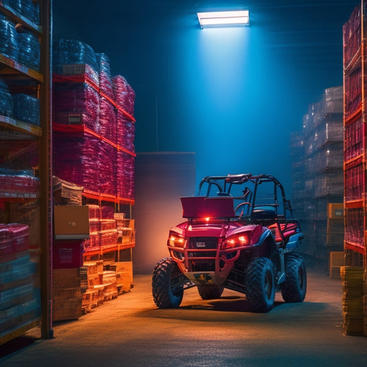 A dimly lit warehouse background with a single, spotlit Kawasaki MULE ATV in the center, surrounded by stacks of manuals with a red "Limited Stock" banner draped over them.