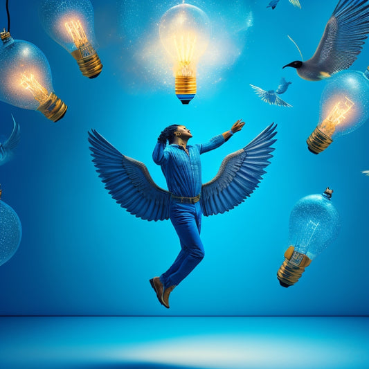 A vibrant, stylized illustration of a person breaking free from shackles, surrounded by bursting lightbulbs, rising arrows, and unfolding wings, set against a warm, gradient blue background.